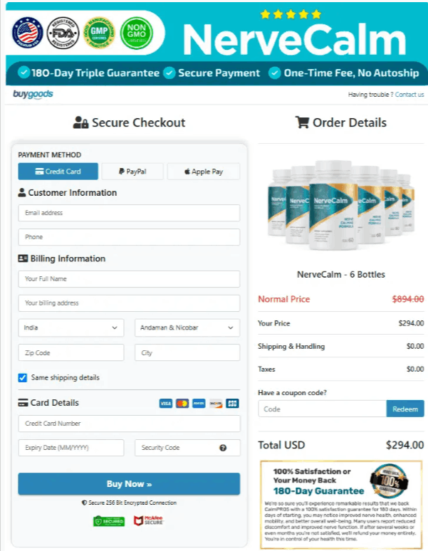Nerve Calm Checkout page